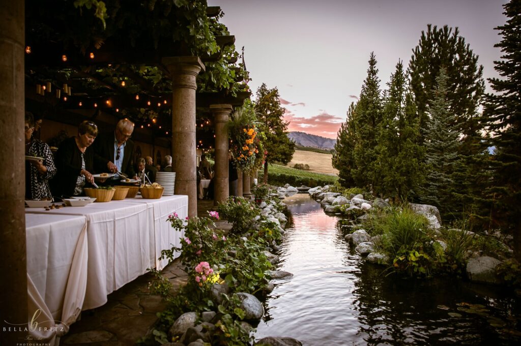An evening dinner beside the estate pond